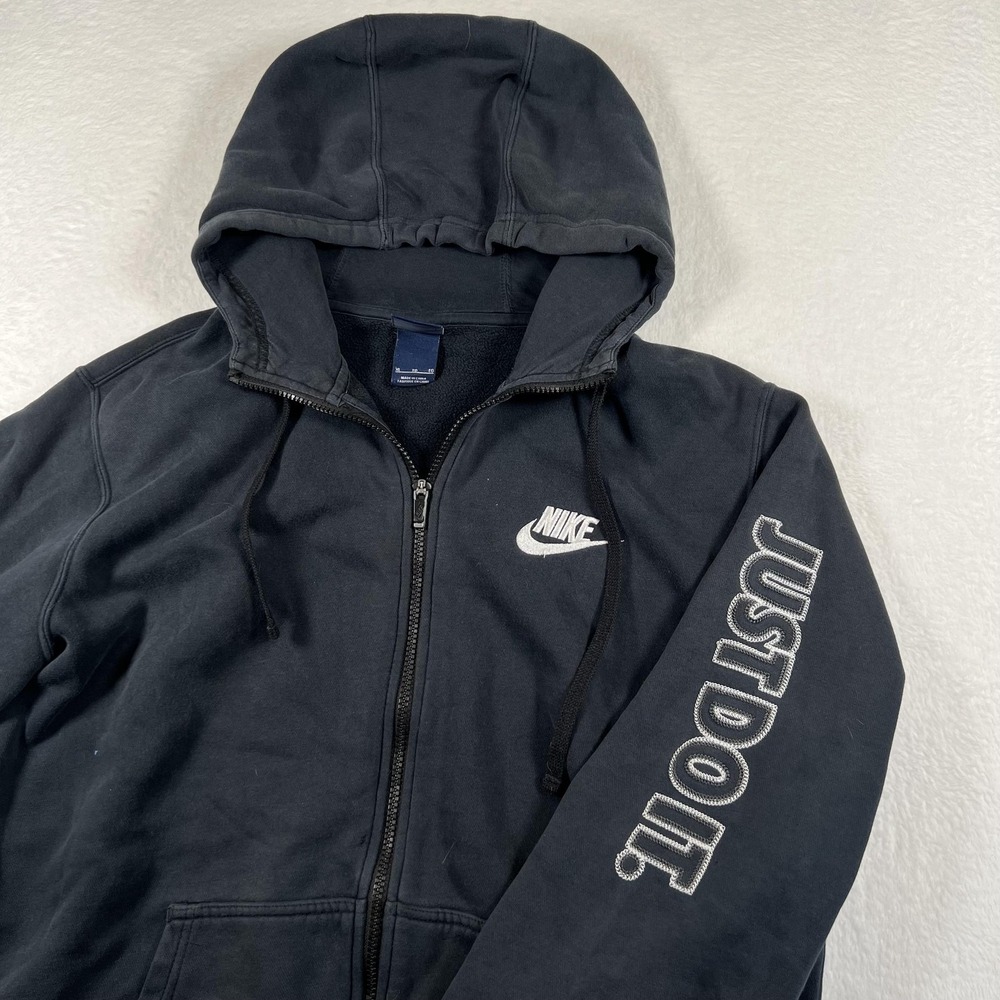 Nike Y2K Hoodie Mens XL Black Full Zip Fleece Sweatshirt Just Do It Sleeve hit‎